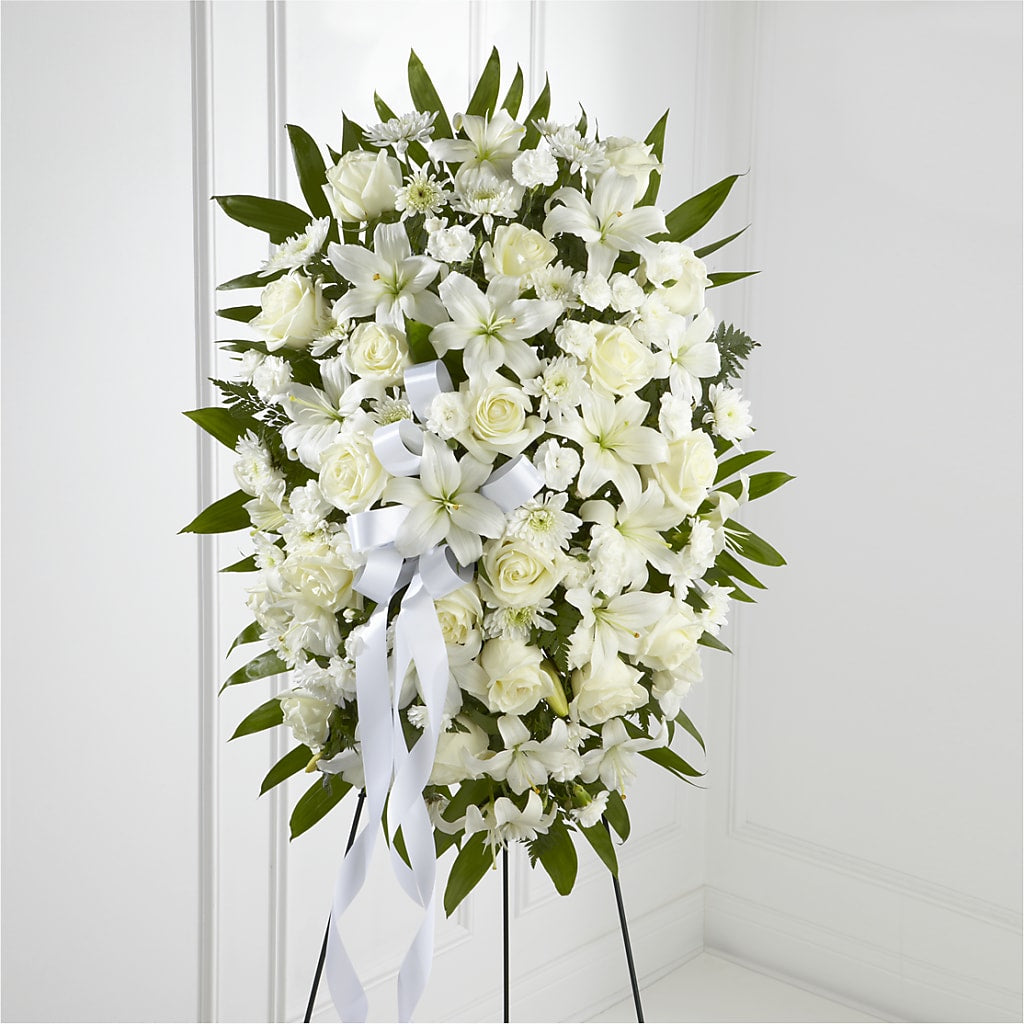 Exquisite Tribute Standing Spray-White Ribbon – RIDLEY'S, Twin Falls ID