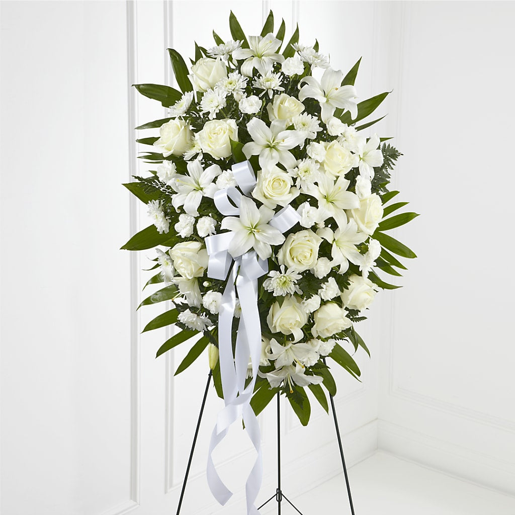 Exquisite Tribute Standing Spray-White Ribbon – RIDLEY'S, Twin Falls ID